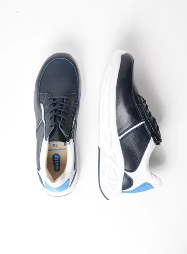 Hielspoor|Wandelschoenen|Wolky Bounce wit/blauw combi leer