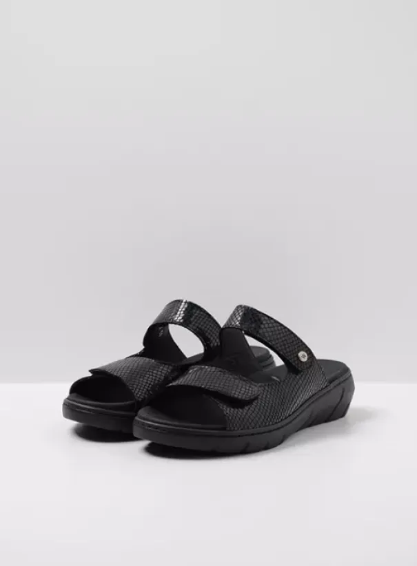 Slippers|Wolky Cyprus blauw slangenprint leer