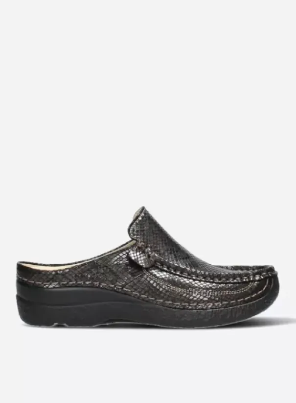 Slippers|Klompen|Wolky Roll Slide slangenprint donkerbruin leer
