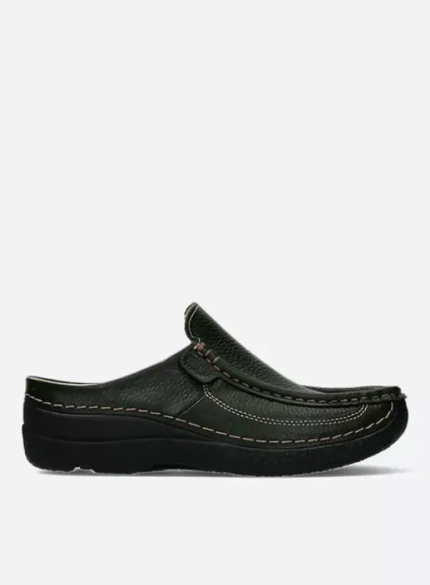 Slippers|Klompen|Wolky Roll Slide forestgroen leer