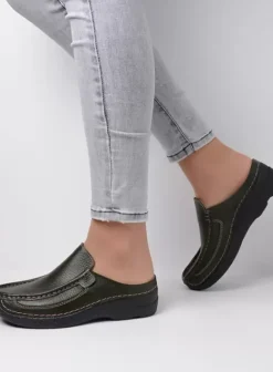 Slippers|Klompen|Wolky Roll Slide forestgroen leer