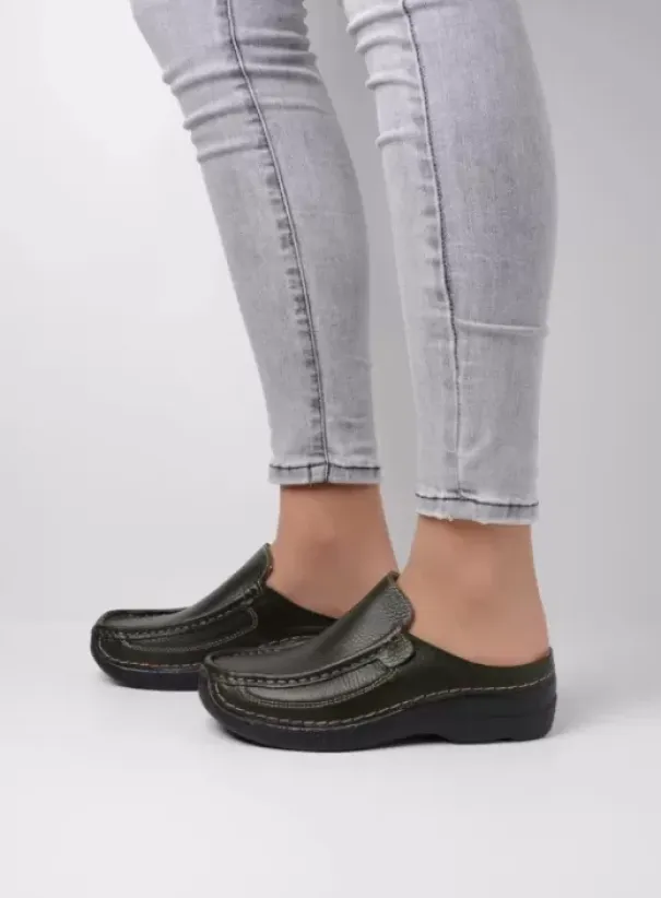 Slippers|Klompen|Wolky Roll Slide forestgroen leer