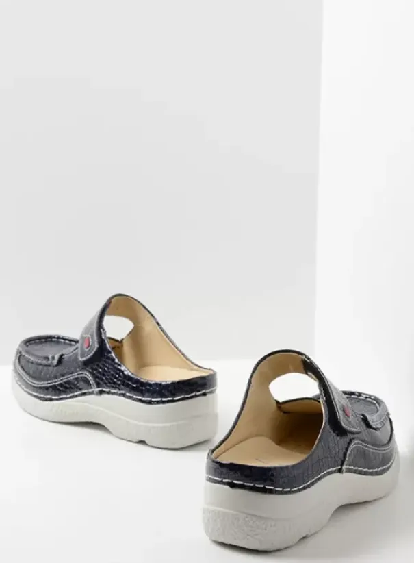 Hielspoor|Slippers|Wolky Roll Slipper blauw crocolook lakleer