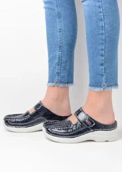 Hielspoor|Slippers|Wolky Roll Slipper blauw crocolook lakleer