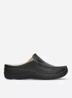 Slippers|Klompen|Wolky Seamy Slide zwart geprint leer
